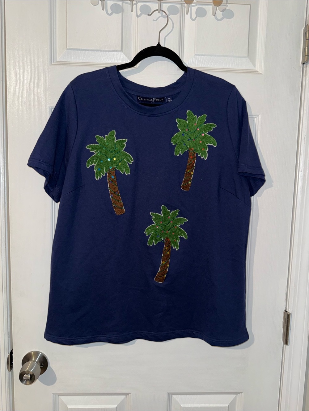 Celestial Blue Womens Shirt Palm Tree Sequins Blue Short Sleeve 1XL NWT